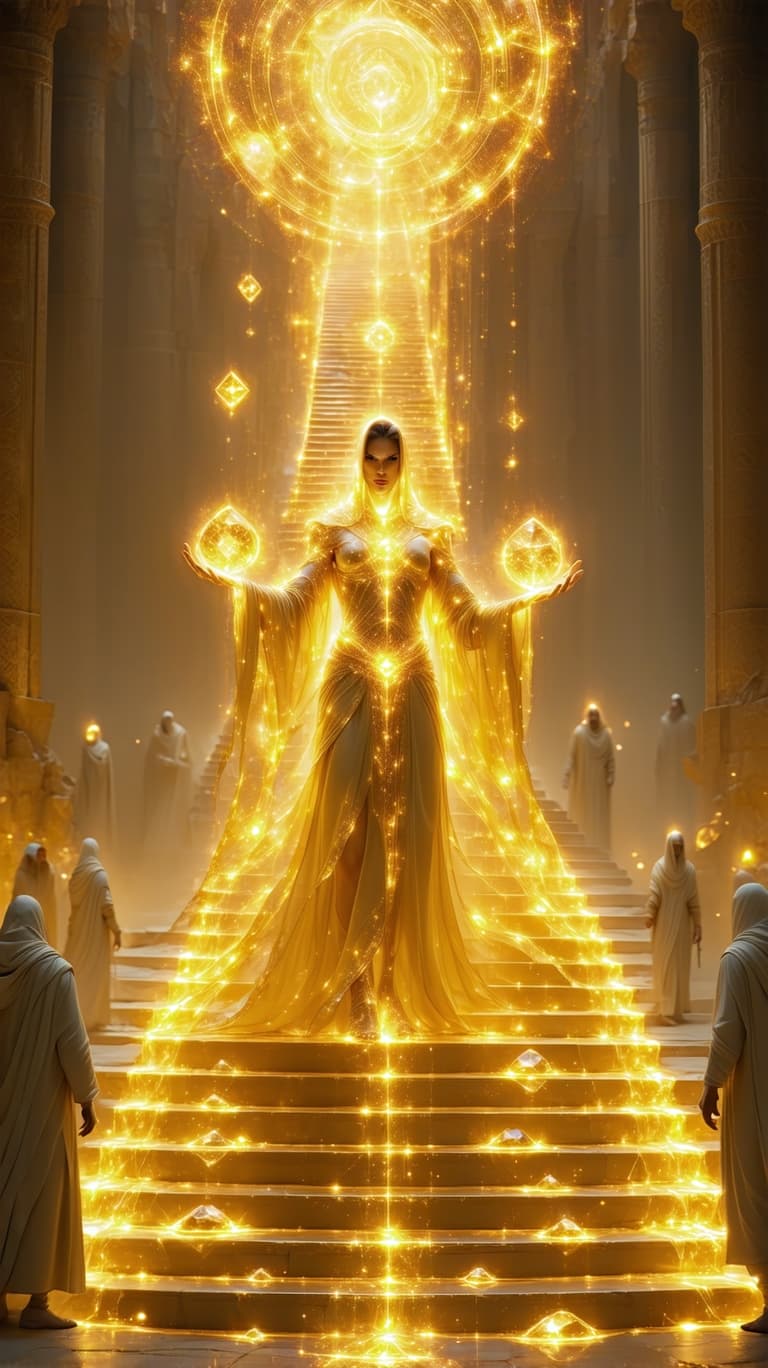 AI generated: 
A luminous golden guardian, their form woven from celestial silk and cosmic energy, stands atop a l...