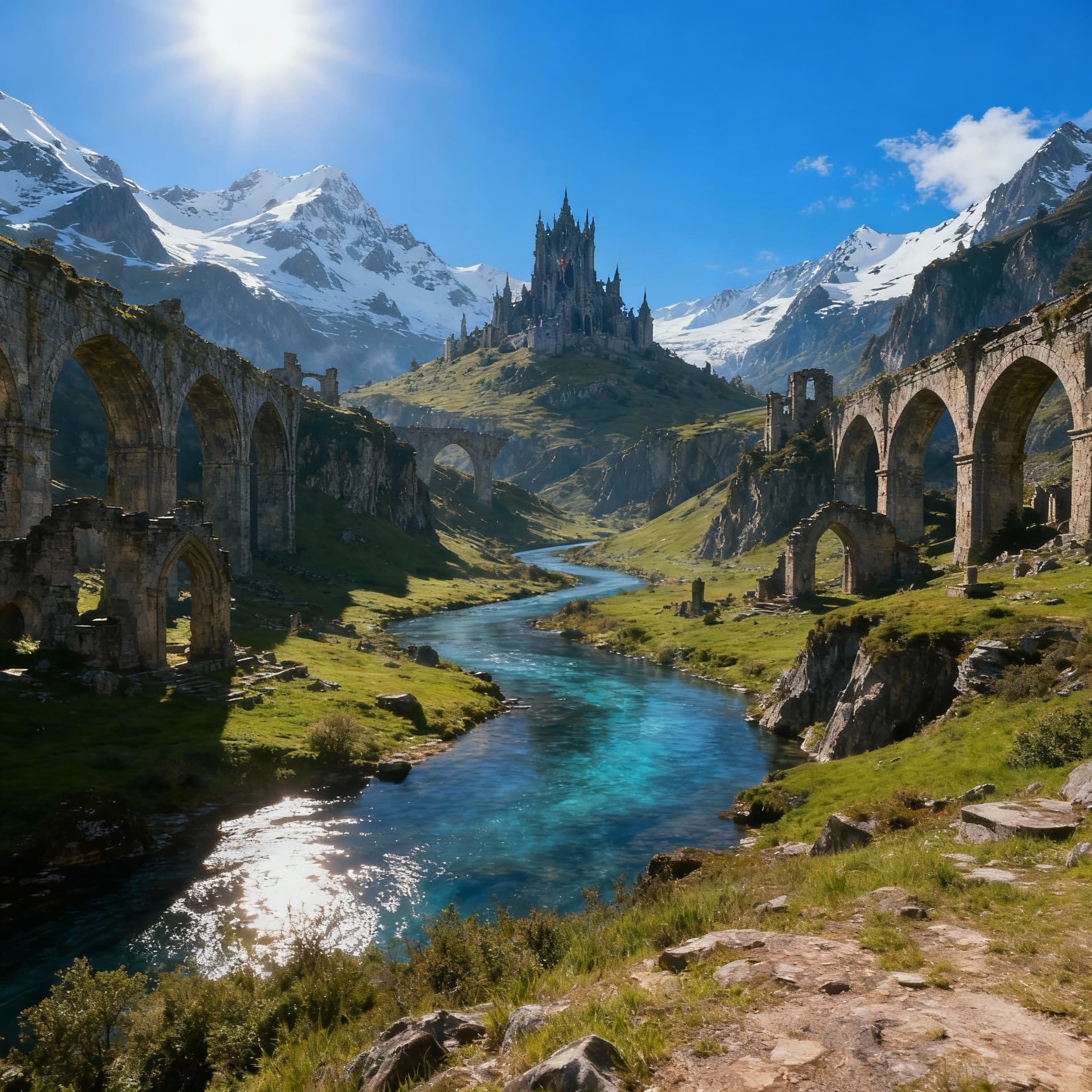 AI generated: Wide side view near the mountainside, camera at ground level, showing ruins and a river curving arou...
