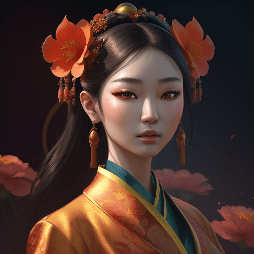 AI generated: Beautiful Oriental Woman, A close-up beautiful Asian woman, luminous flowers, highly ornate satin sh...