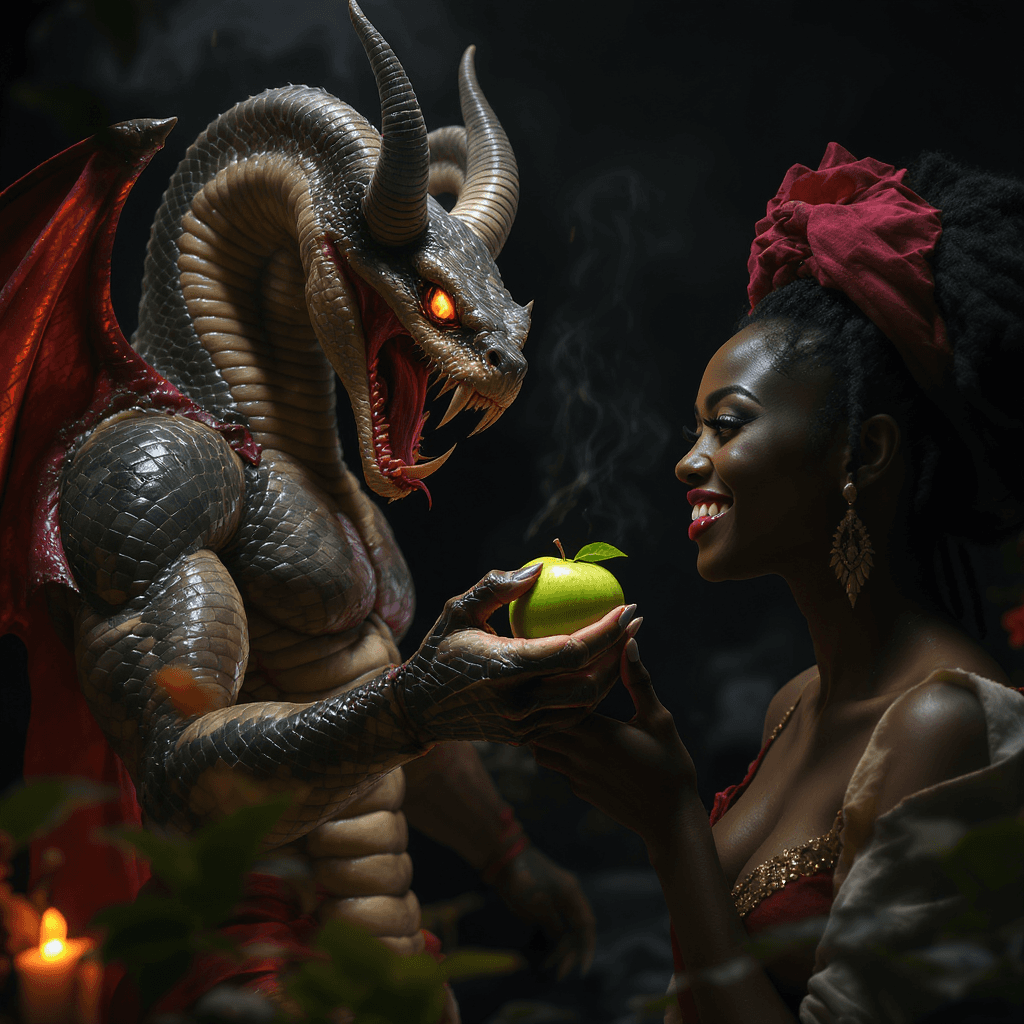 AI generated: (film grain), ultrarealistic 4k, photoart_style, (a snake humanioid demon and a beatful black Africa...