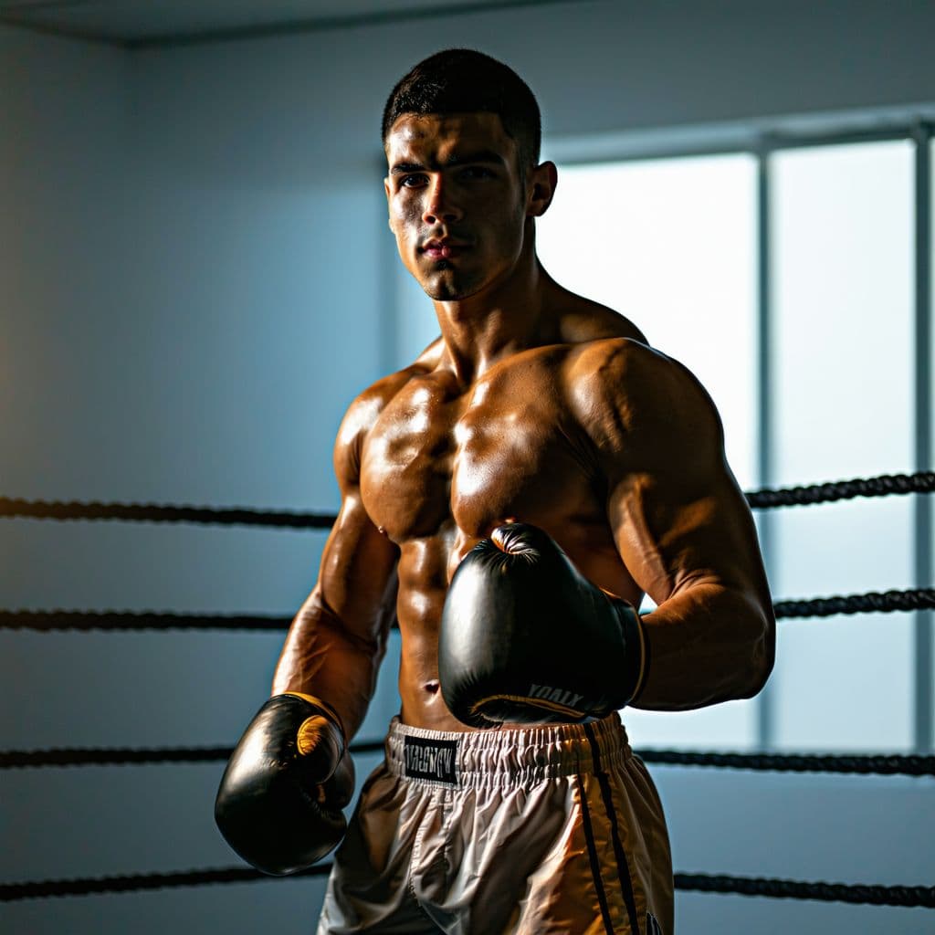 AI generated: photograph, front view, 32 year old male boxer, model, view, with the ring in the background, visual...
