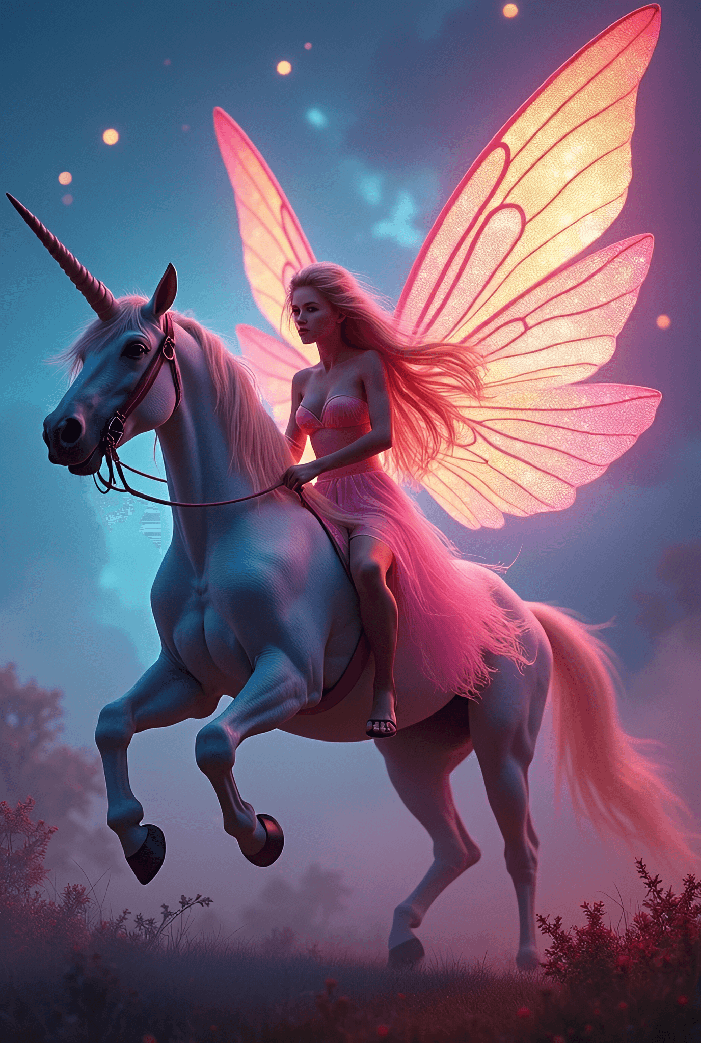 AI generated: seductive fairy are riding on an unicorn throught a very colourful ,beautiful Land,dynamic lights,gl...