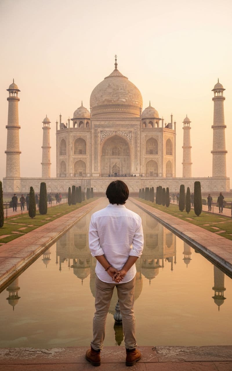 AI generated:  wide-angle shot of the Taj Mahal at sunrise, a man front of taj mahal, some people behind his  wear...