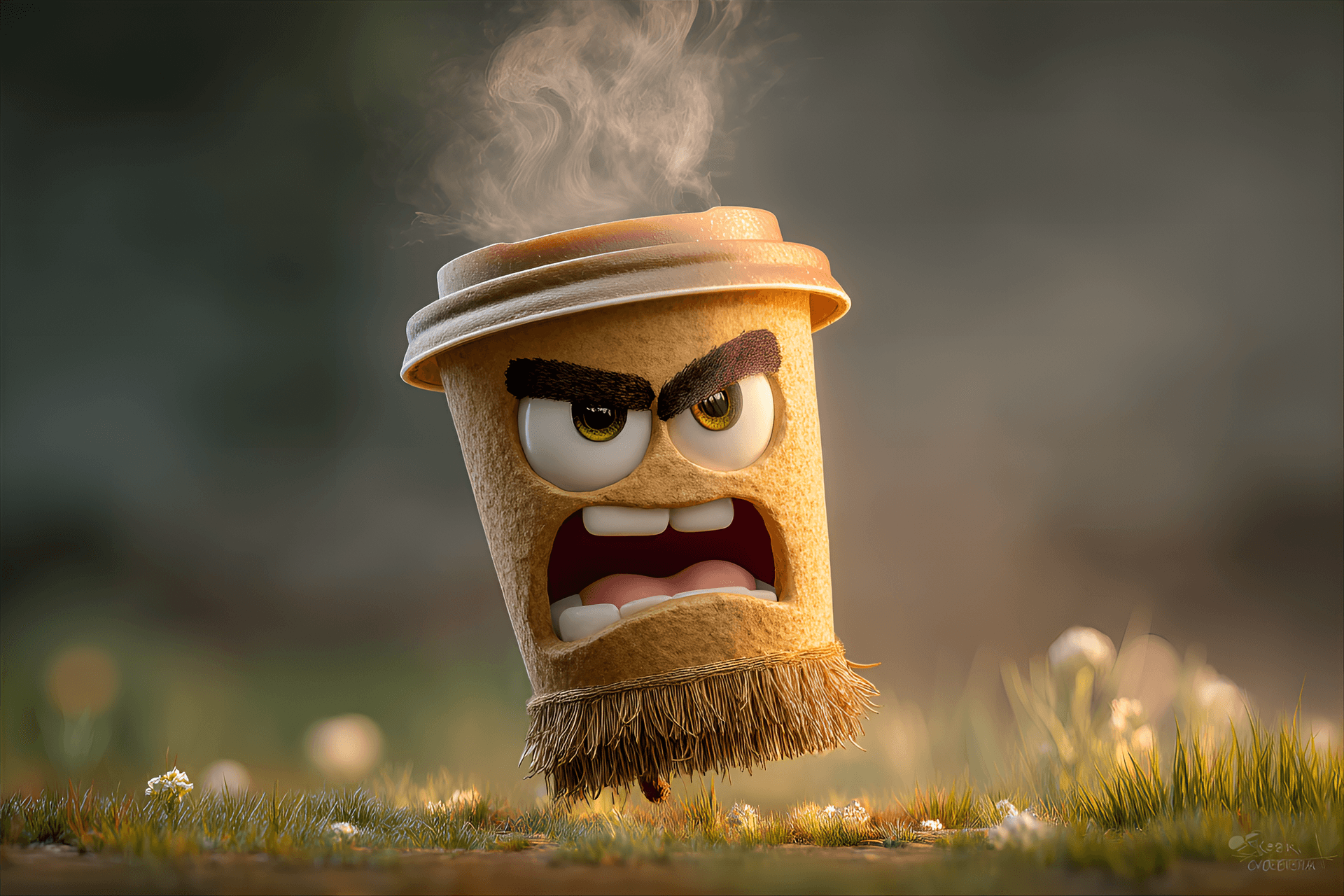 AI generated: funny caricature, anthropomorphic coffee cup character, 1 year old, angry eyes, clenched teeth, stea...