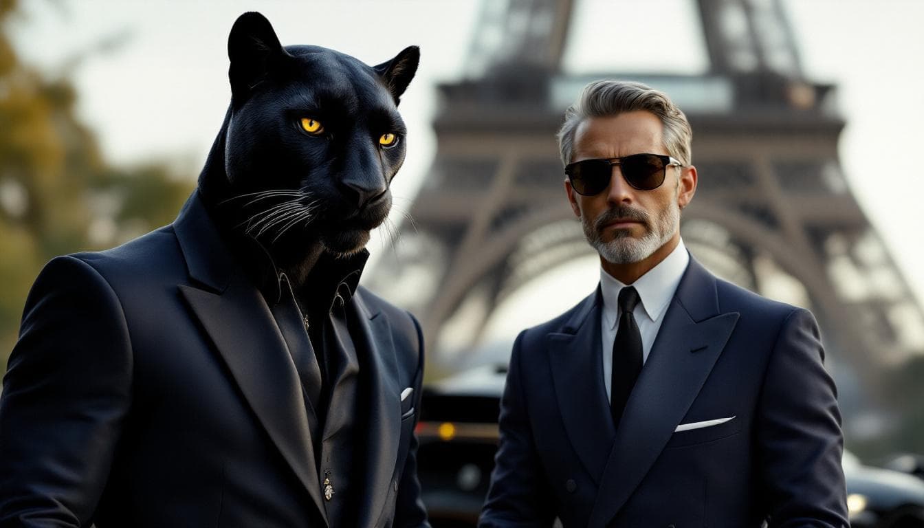 AI generated: A sleek anthropomorphic black panther in a navy-blue tuxedo with gold embroidery, standing beside a ...