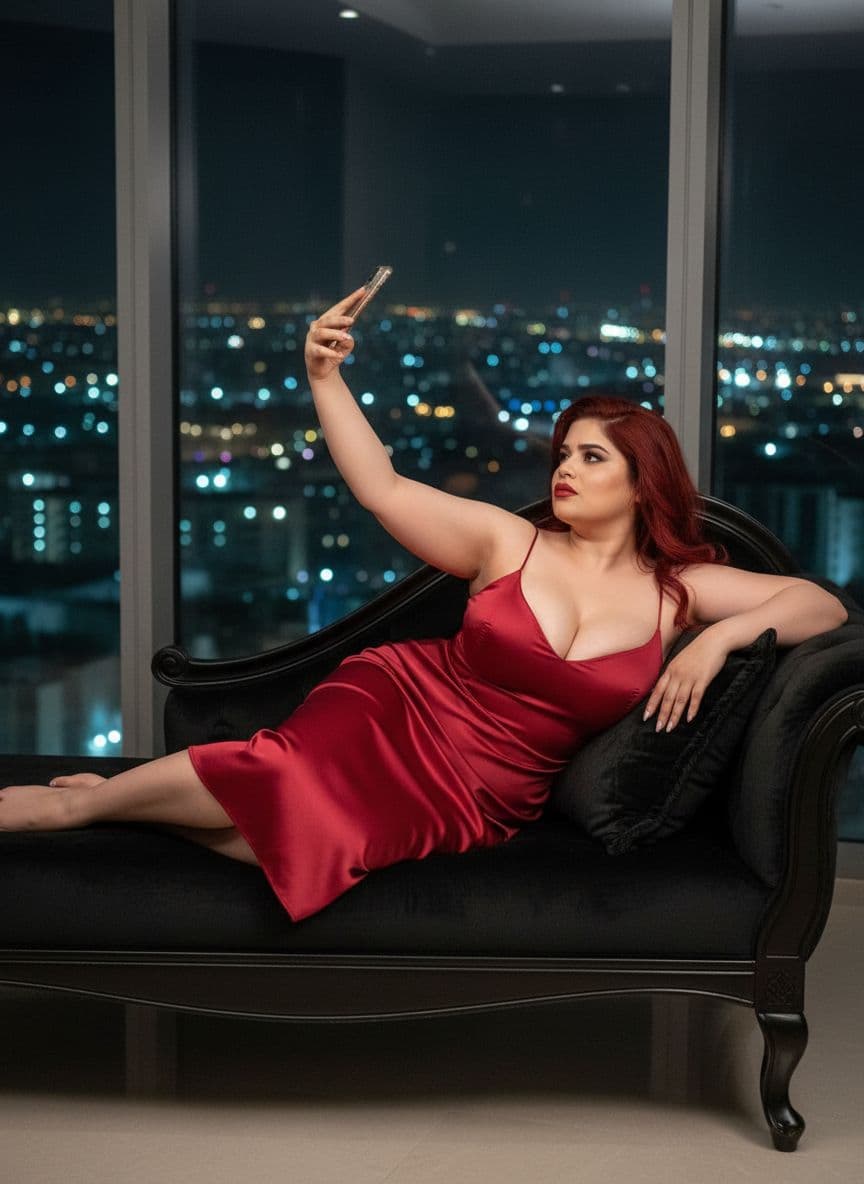 AI generated: 8K RAW cinematic boudoir portrait of a dominant 45-year-old wealthy cougar reclining on a penthouse ...