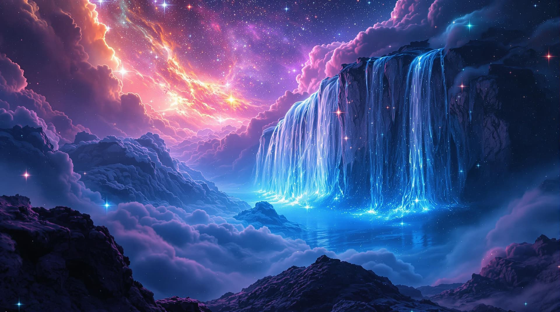 AI generated:  surreal a waterfall sci-fi landscape in a close up view, made with nebulas the gaz, stars, stars cl...