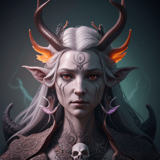 AI generated: Goddess close-up portrait ribcagel. Tiefling phoenix head, antlers, gunslinger, nautilus, orchid, sk...