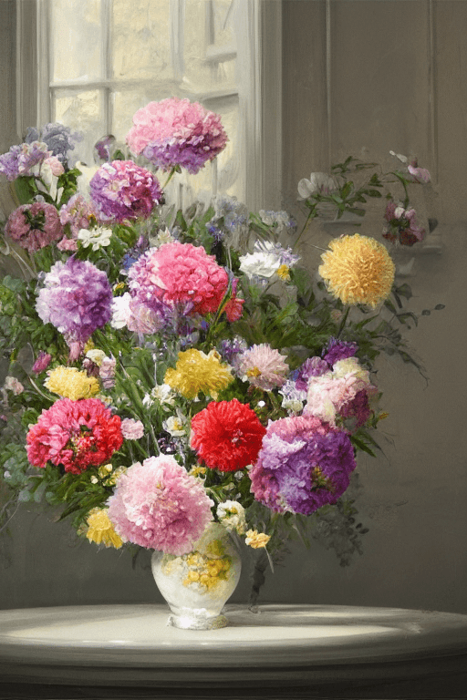 AI generated: painting of a bouquet of flowers in vase, interior design in background, dreamy sunken living room c...