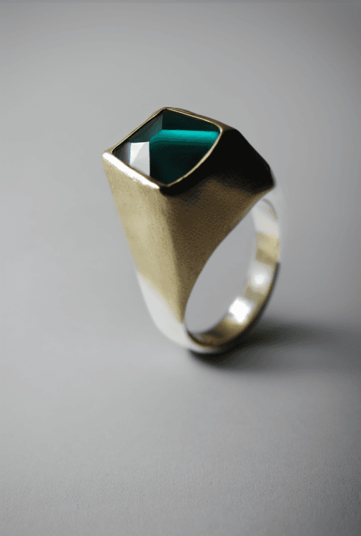 AI generated: ring, jewellery, geometric shapes, laystone underground, silver, gold, gemstone, design, studio ligh...