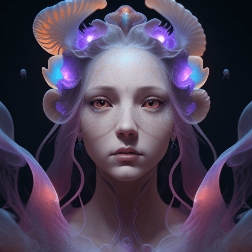 AI generated: Goddess close-up portrait ribcagel. jellyfish phoenix head, nautilus, orchid, skull, betta fish, bio...