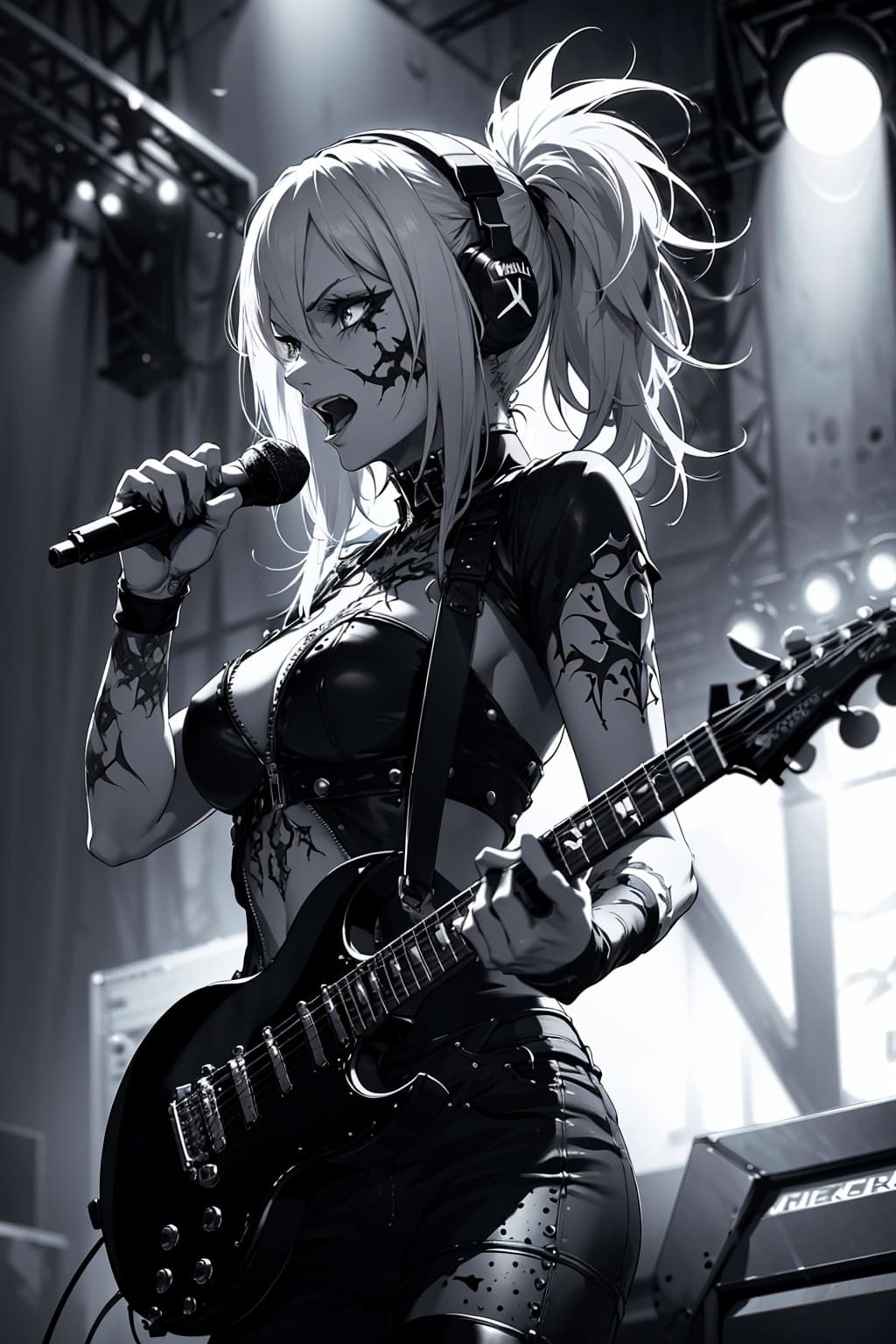 AI generated: (metal music), full body metal rock star woman with micro punk metal effects holding a guitar with M...