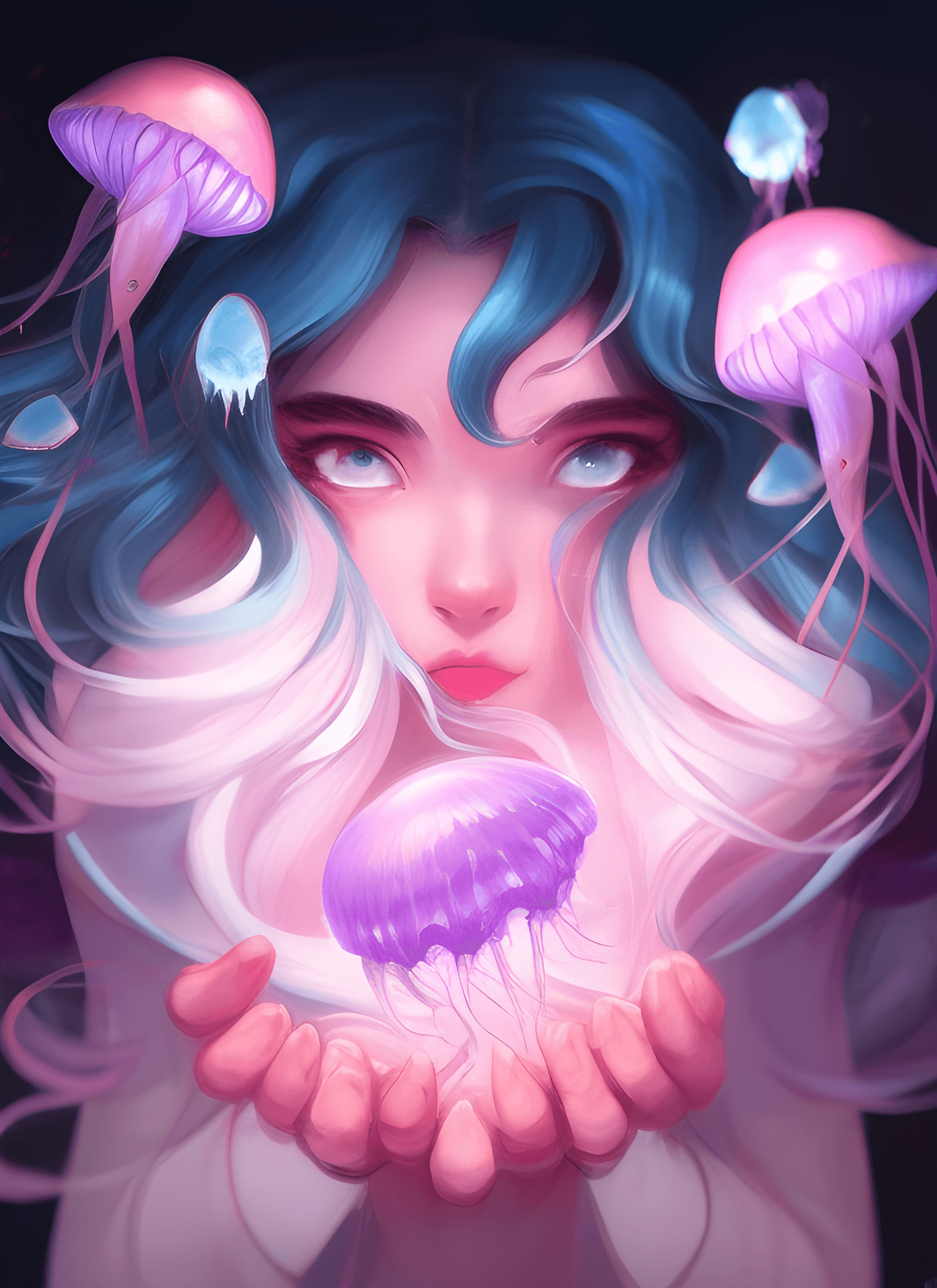 AI generated: a girl holding a jellyfish in her hands, concept art, by loish, seraphine ahri kda, discord profile ...