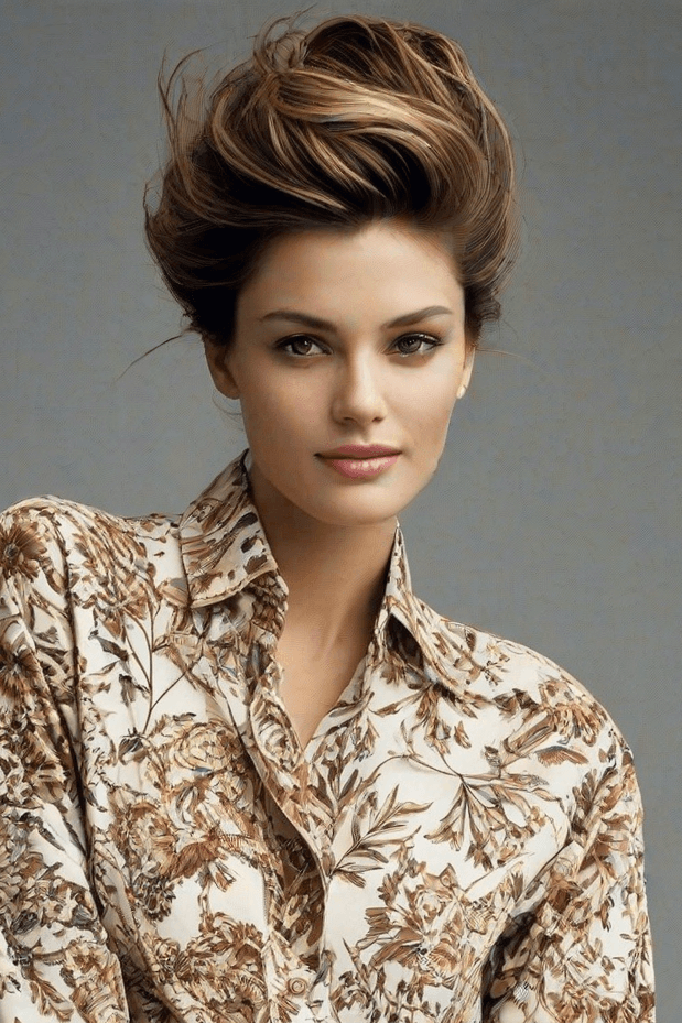 AI generated: An image of a woman with an elegant updo hairstyle that has volume and a natural gradient from darke...