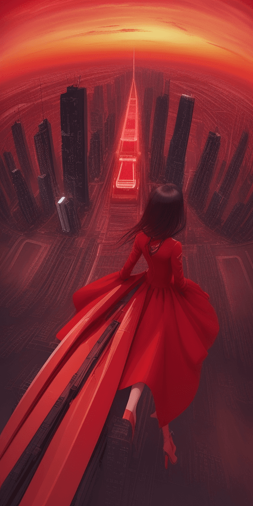 AI generated: yuumei, top view of the megapolis, red sky, red princes chic dress, long train. Atomic bomb mushroom...
