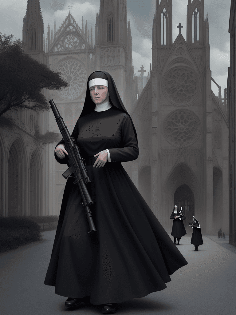AI generated: nuns with guns, a beautiful nun holding a large machine gun, a cathedral in the background, beautifu...