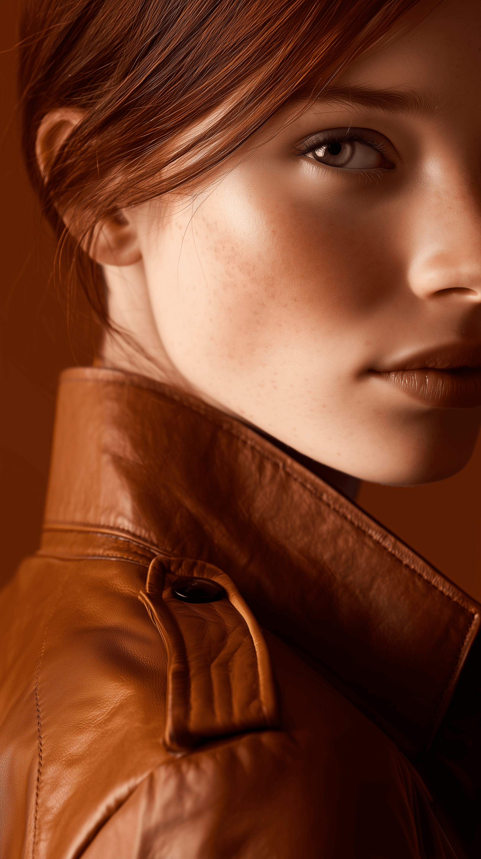 AI generated: fashion photo, fall concept, leather jacket, bronze brown, leather texture, clean tailoring, soft di...