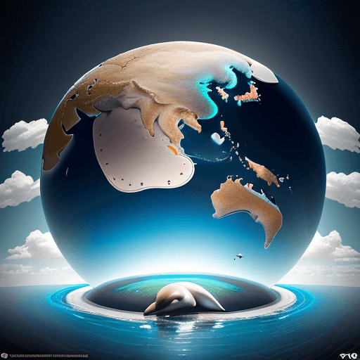 AI generated: Inverted earth globe with sky in center, then ocean in middle,then earth on outside, dolphins with l...
