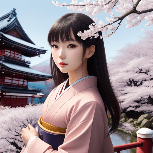 AI generated: a japanese supermodel girl 25 years in traditional japanse dress, light makeup, looking to viewer, c...