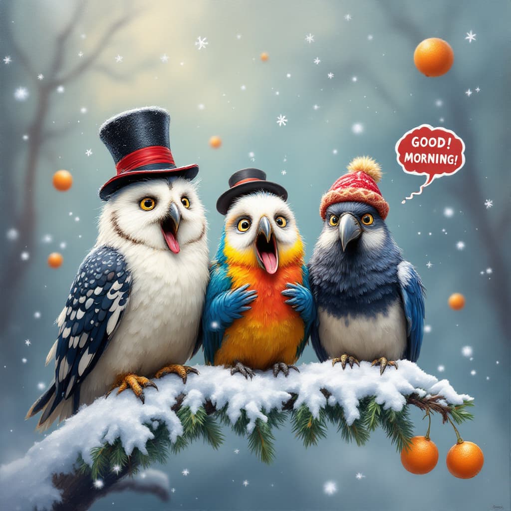 AI generated: Airbrushed oil painting, Disney Pixar style, depicts three funny, cartoon birds polar owl, colorful ...