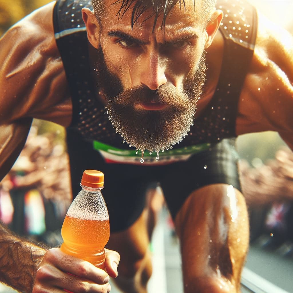 AI generated: an athlete running with an energy drink in his hand (close-up image of the athlete), you can see the...
