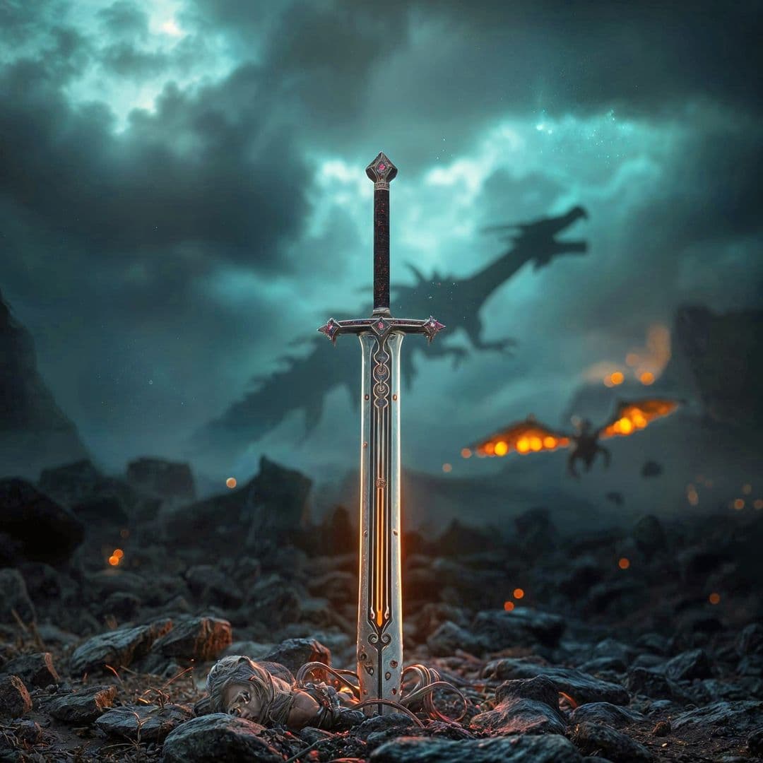 AI generated: A stunning and cinematic fantasy scene featuring A long and slender sword, intricately crafted and d...