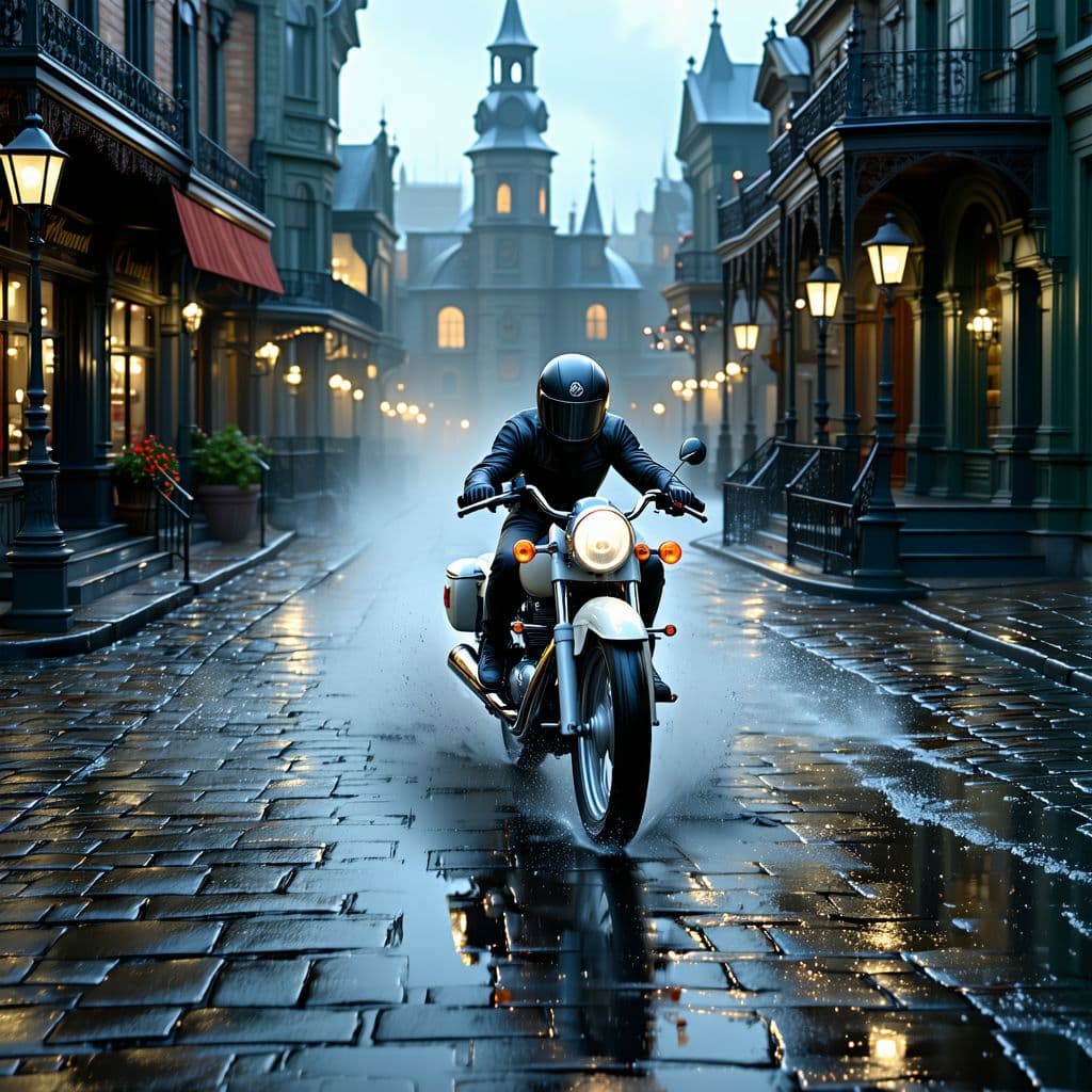 AI generated: A scene of an isle of white motorcycle racing down a cobblestone Victorian-era street, merging the e...