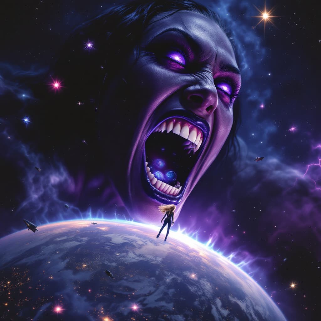 AI generated: enormous giantess Rhea Ripley  from WWE
bigger than a galaxy floating in space, minuscule galaxies i...
