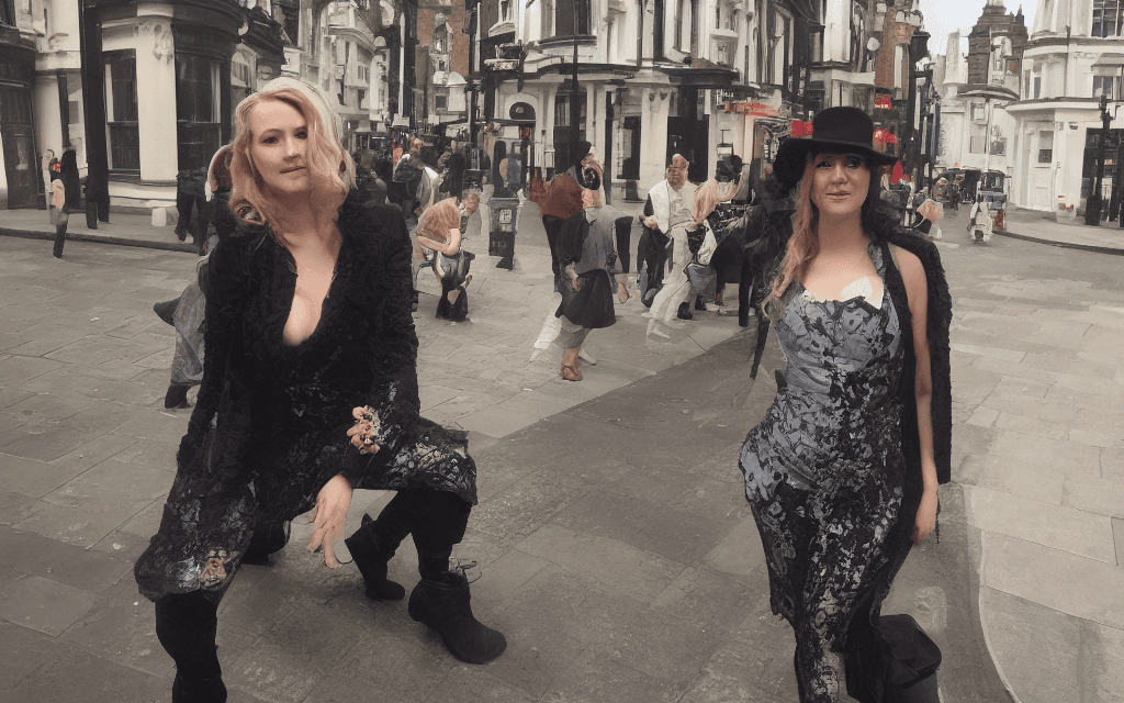 AI generated: Linda mulher DJ vestida com um traje de Sherlock Holmes, em pé na Baker Street, em Londres, atraente...