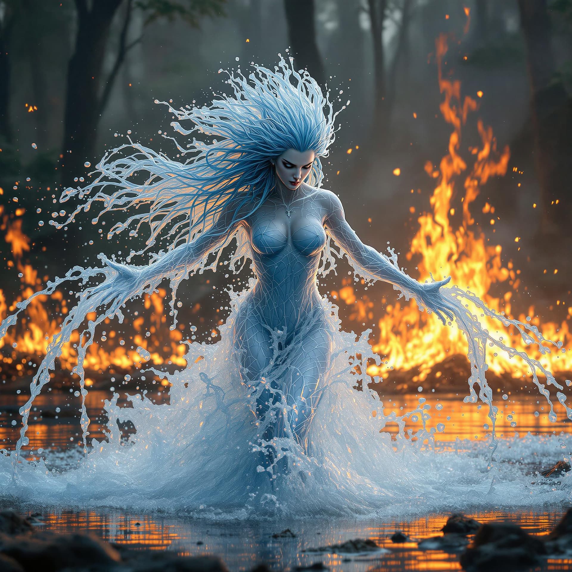AI generated: female elemental being, queen of water, full body, realistic water hair, water skin, transparent bod...