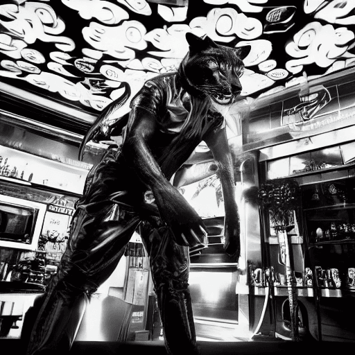 AI generated: a hyper realistic photograph of a stunning anthropomorphic panther modern athletic machoman in biker...