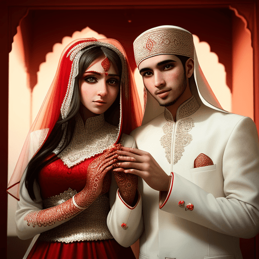 AI generated: a beautiful moslem bride and groom in traditional wear bride covering her hands with henna during he...