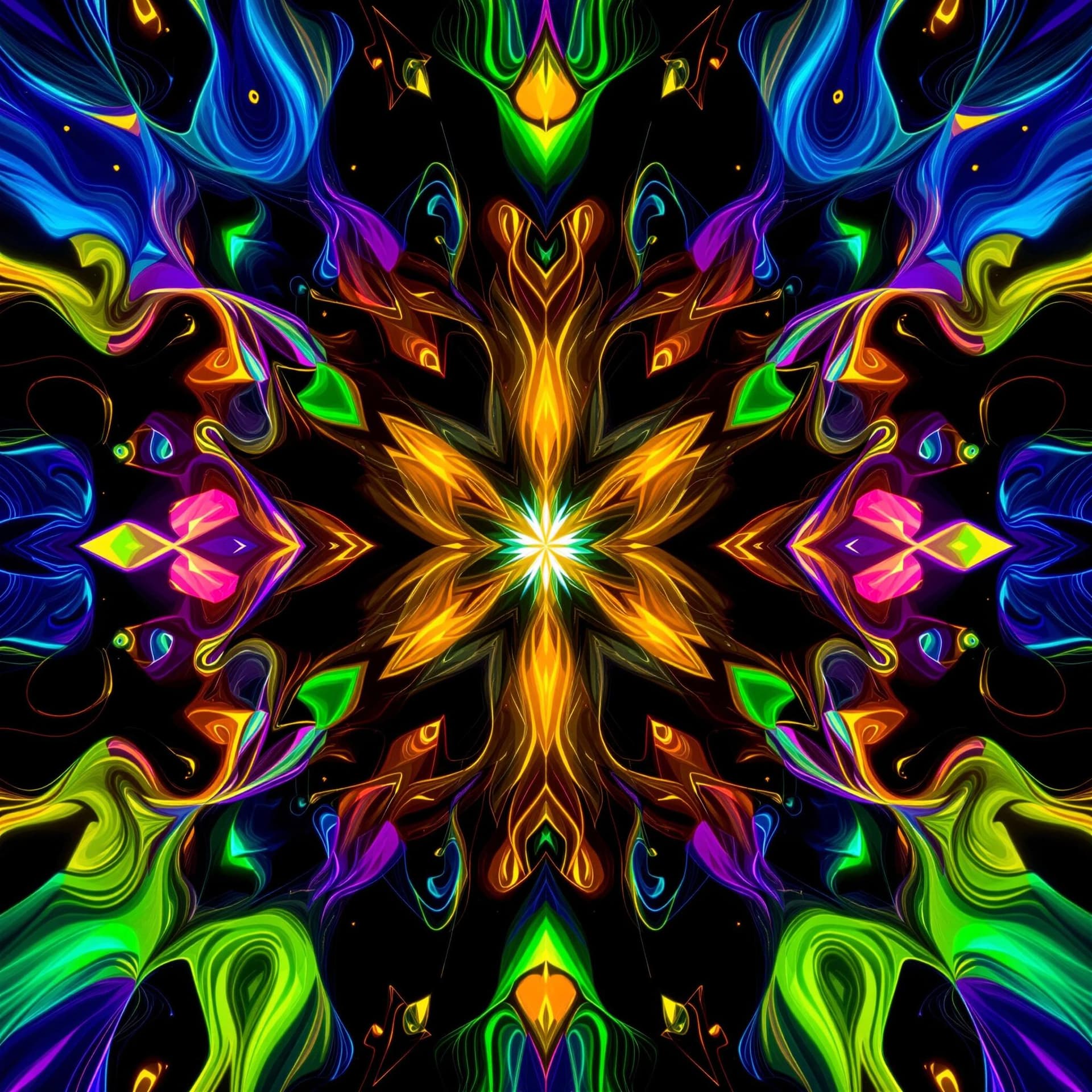AI generated: "Create a vibrant, symmetrical abstract composition featuring dynamic organic shapes and intricate p...