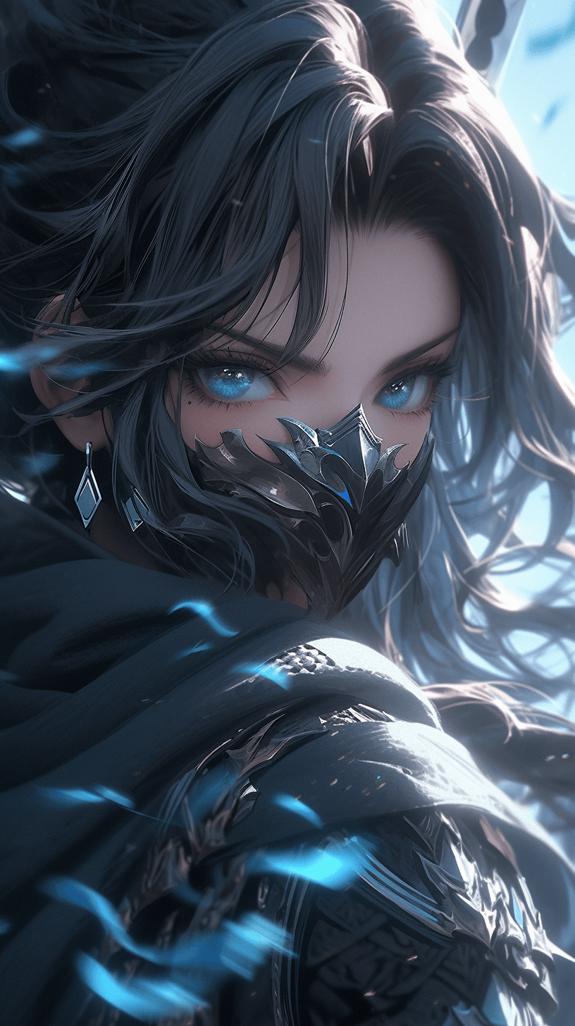 AI generated: anime girl with blue eyes standing with sword, in the style of dreamscape portraiture, dark silver a...