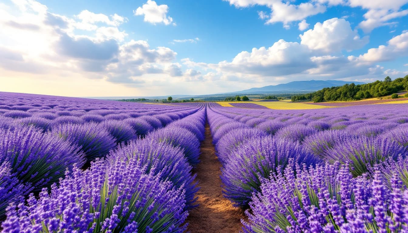 AI generated: Imagen de de un campo de lavanda , con gran profundidad, vista desde abajo, fondo cielo azul

