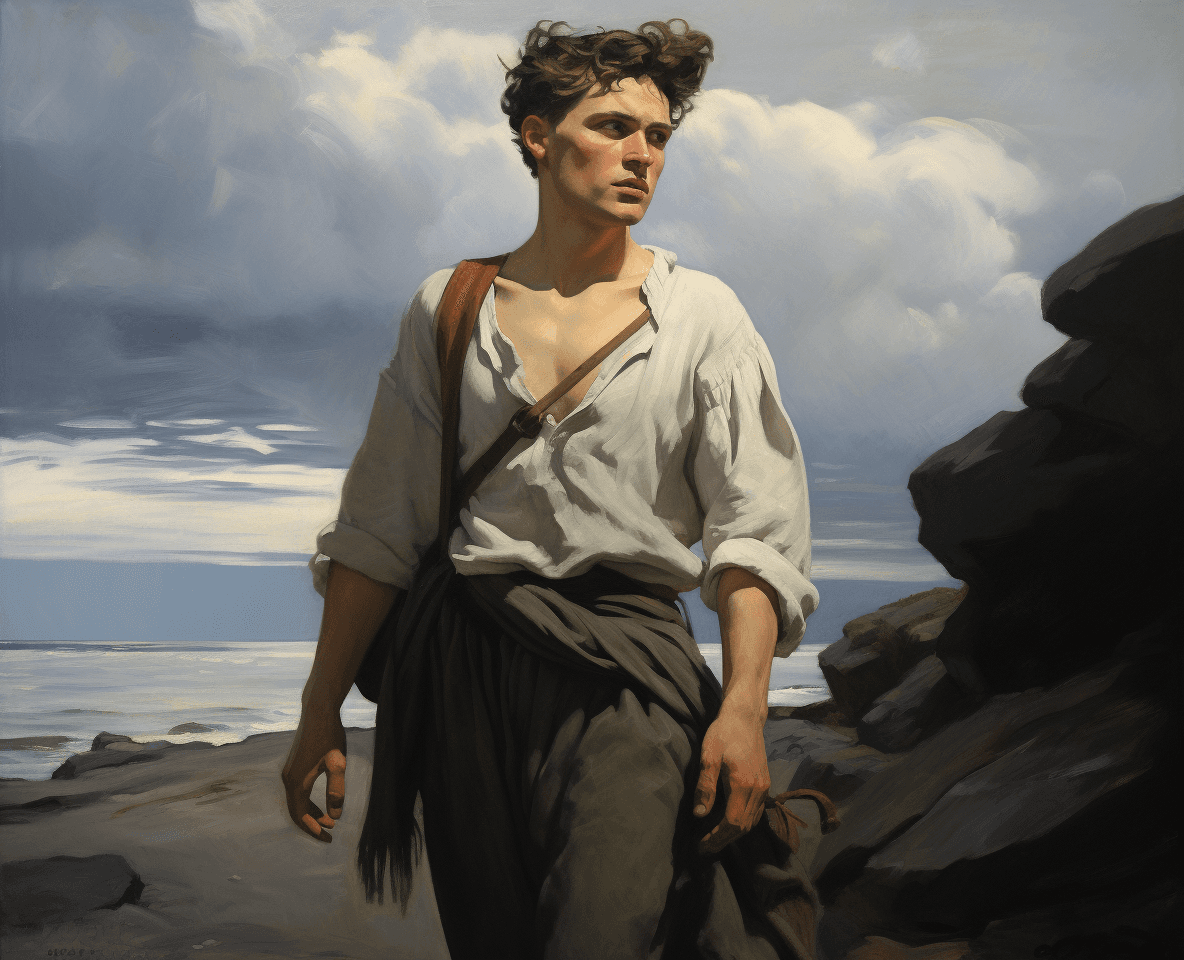 AI generated: A young man in gray trousers and a white T-shirt, with black hair pulled back into one braid on his ...