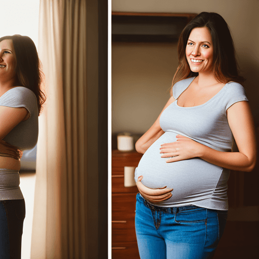 AI generated: healthy pregnant woman wearing a short top and jeans, holding belly, beautiful pregnant woman, mater...