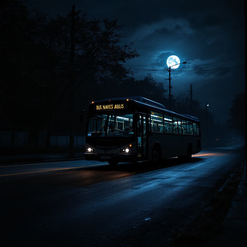 AI generated: mid shot view of a dark bus in the middle of the night, , moonlight, eerie setting,perspective, wait...