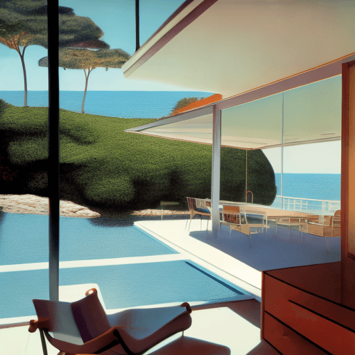 AI generated: Hyper realistic eye level exterior photo of a mid century modern style house overlooking the ocean, ...