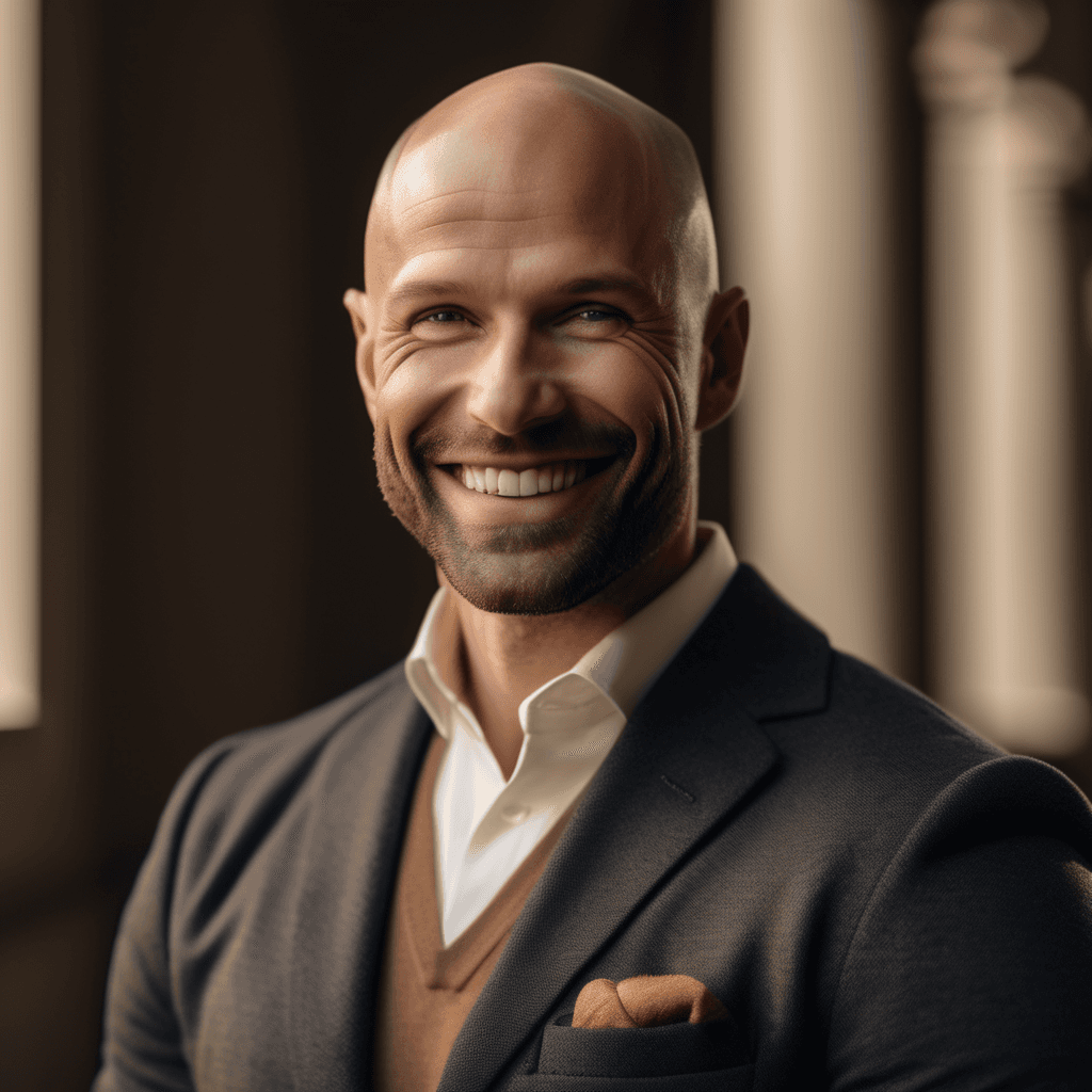 AI generated: A timeless 35-year-old bald man with chiseled features and a captivating smile poses against a neutr...