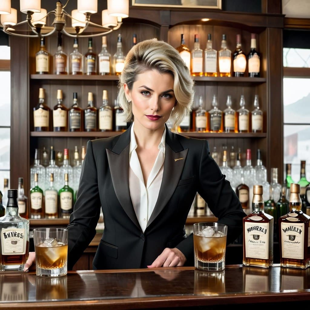 AI generated: epic realistic, DV_Aurora_Vicious, mature bartender woman in classy suit behind bar, serving drink, ...