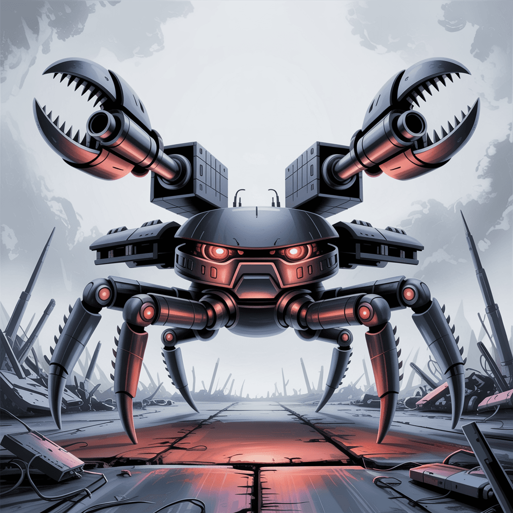 AI generated: Wide and low, Giant black Robot-hybrid military Crab with dual cannons mounted on it's back, wide fl...
