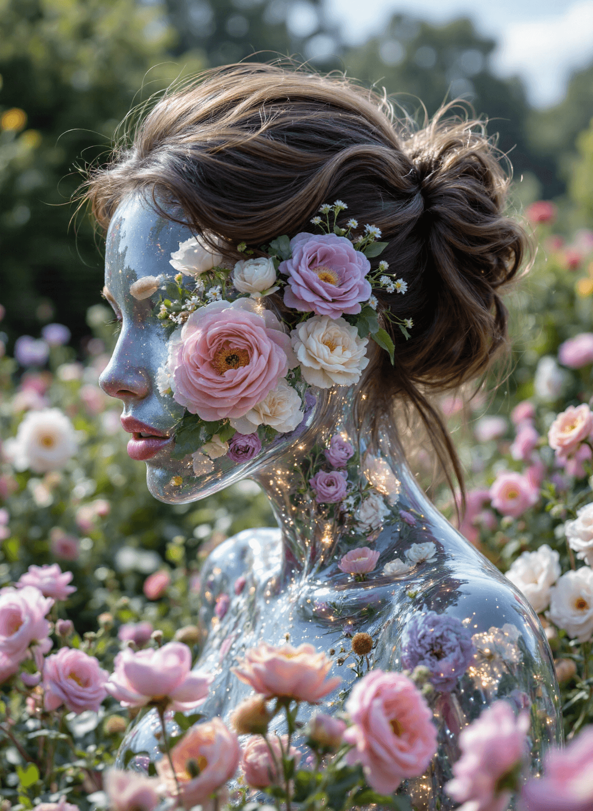 AI generated: The image depicts a surreal and artistic representation of a woman's head and ((body composed entire...