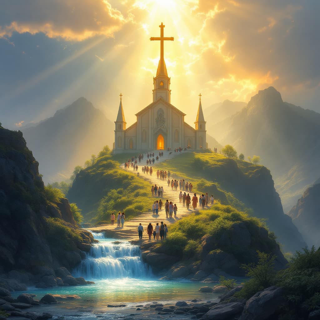 AI generated: Promnt: Una iglesia radiante situada en la cima de una colina, destacándose como el lugar más import...