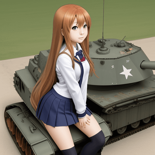 AI generated: taiga aisaka, anime style, school uniform, long hair, sit on tank, not realism.