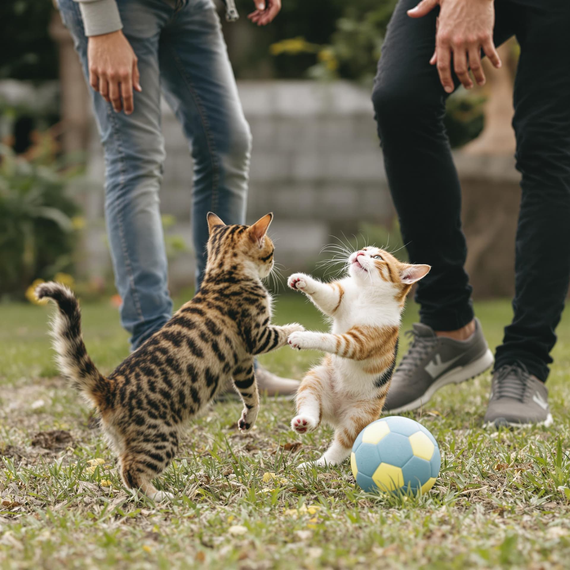 AI generated: Picture of a cat kicking a ball and playing with its owner