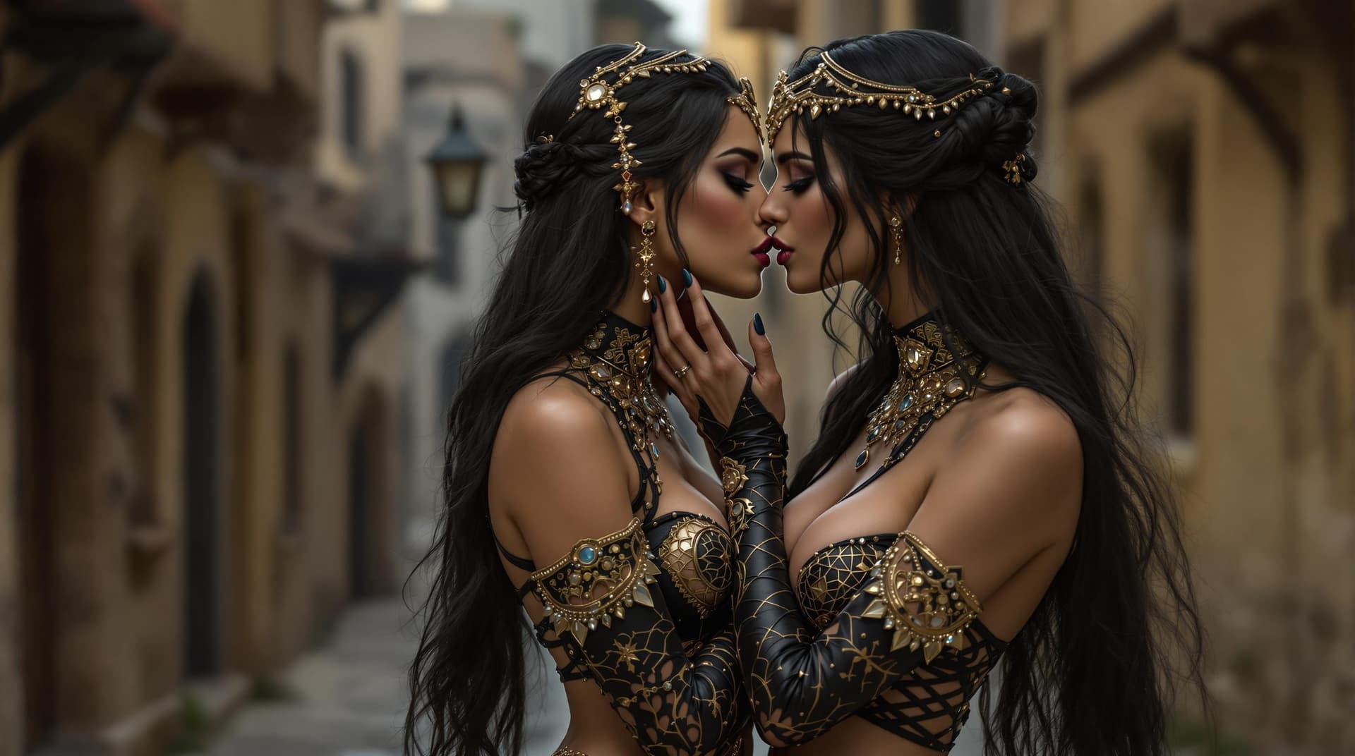 AI generated: Two beautiful, seductive middle eastern woman, hip length raven hair, intricately detail black and g...