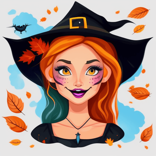 AI generated: autumn iconpack of a charming girl as Halloween witch, random face expressions, random coloring, car...