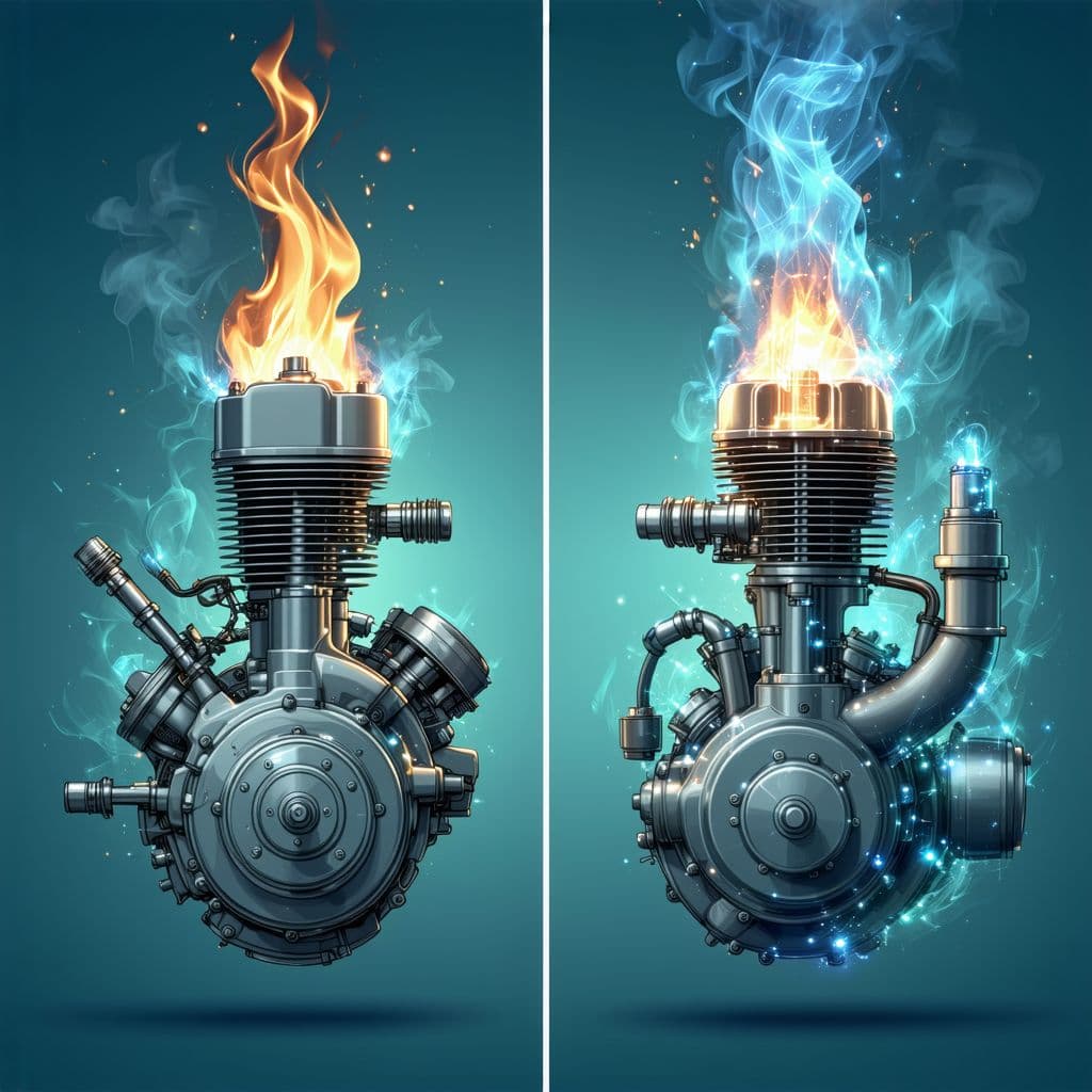 AI generated: Uma ilustração comparativa de dois tipos de motores. À esquerda, um motor a combustão com seus eleme...