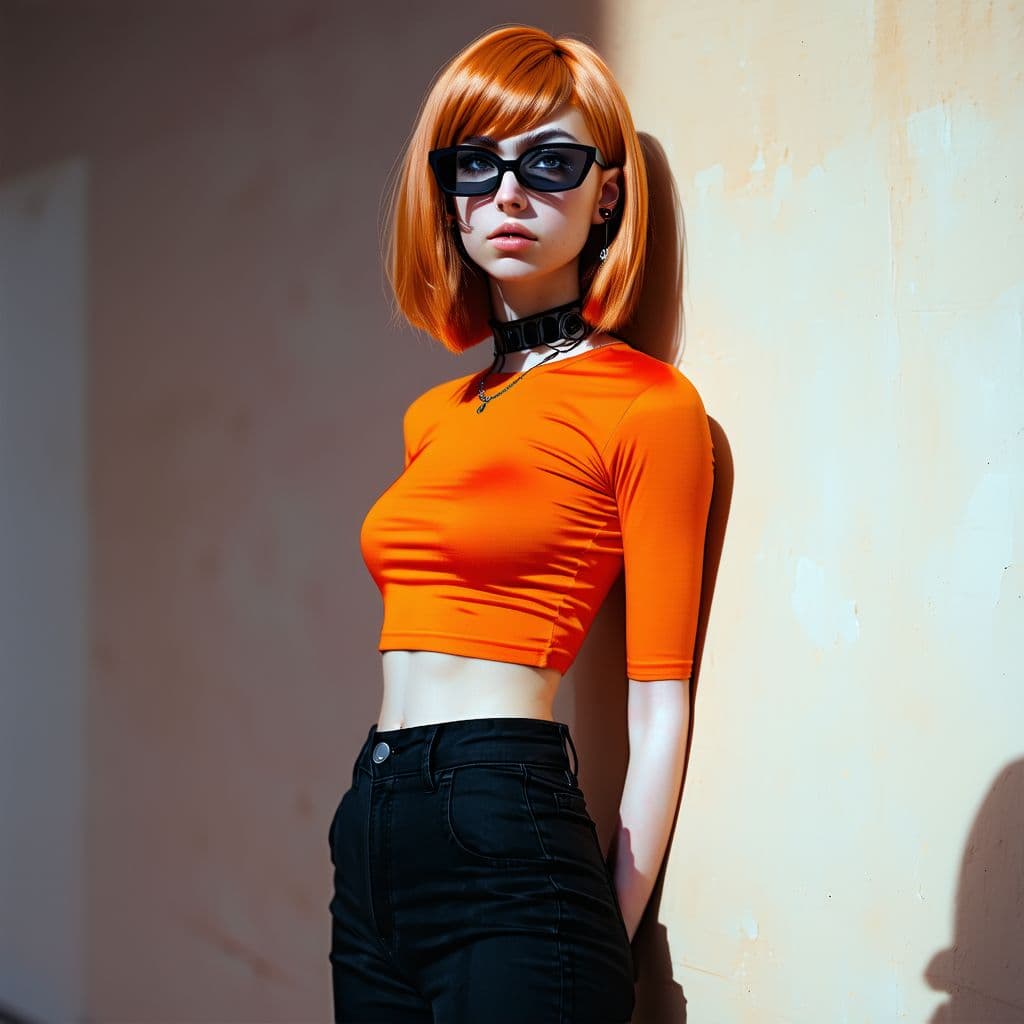 AI generated: velma from scooby-doo, beautiful charismatic girl, showing piercing, athletic body, a woman an orang...